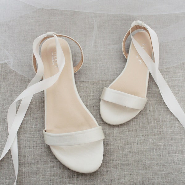 Ivory Satin Flat Sandal with Ballerina Lace Up, Bridesmaid Shoes, Women Sandals, Kids Sandals, Mommy and Me Shoes, Fall Wedding Shoes