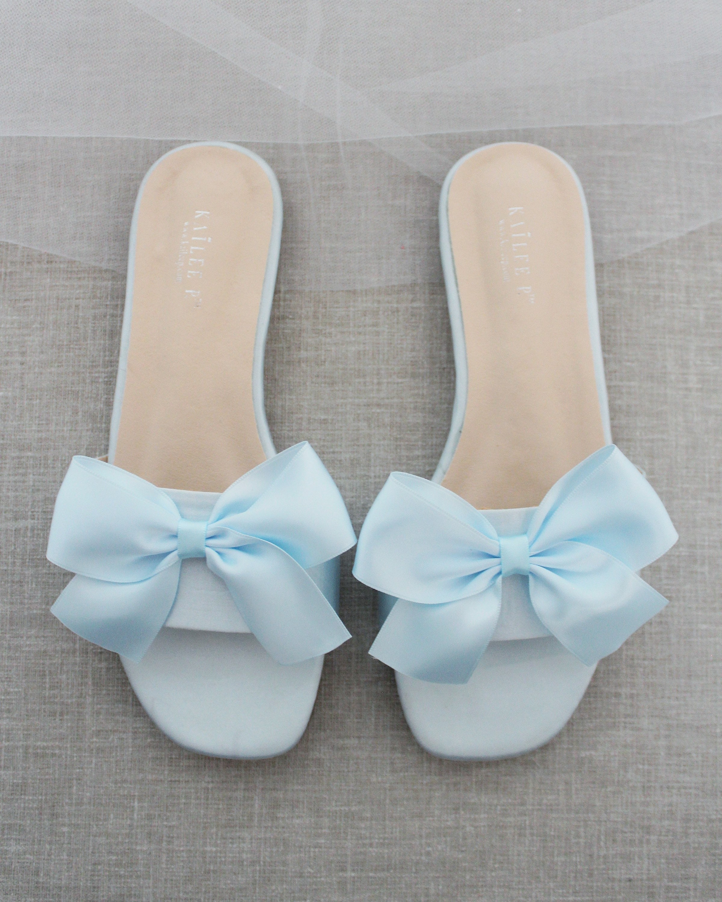 Light Blue Satin Slip on Sandals With Satin Bow Bridal | Etsy