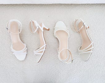 White & Ivory Satin Ankle Strap Low Heel Sandals with with Mini Pearls, Wedding Shoes, Bridesmaid Shoes, Women Sandals, Kitten Heels