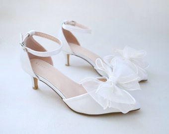 Buy Ivory Satin Pointy Toe Low Heels With Layered Organza Bow