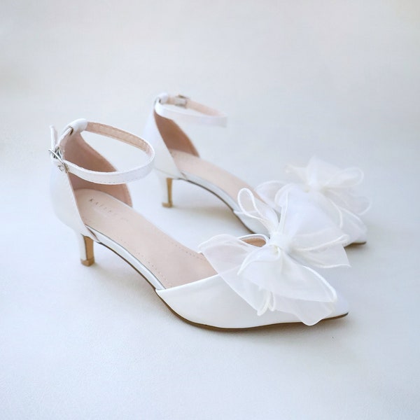 Ivory Satin Pointy Toe Low Heels with Layered Organza Bow, Fall Wedding Shoes, Bridal Shoes, Bridal Low Heels, Kitten Heels