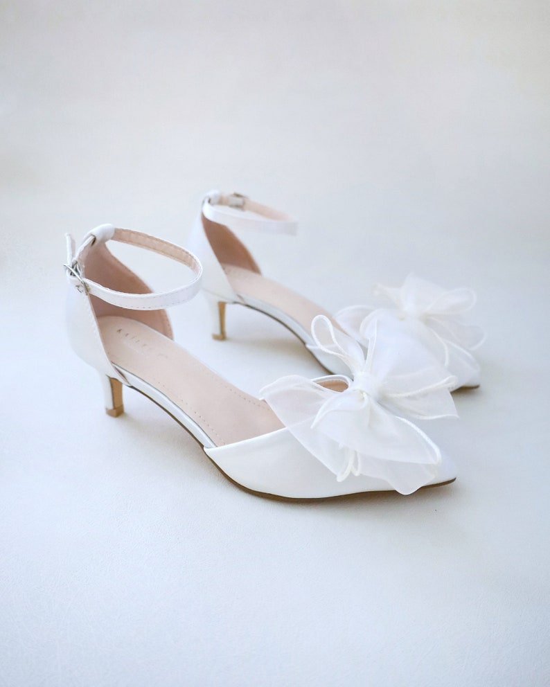 Ivory Satin Pointy Toe Low Heels with Layered Organza Bow, Fall Wedding Shoes, Bridal Shoes, Bridal Low Heels, Kitten Heels image 1