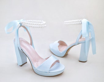 Light Blue Satin Platform Block Heel Wedding Sandals With Double