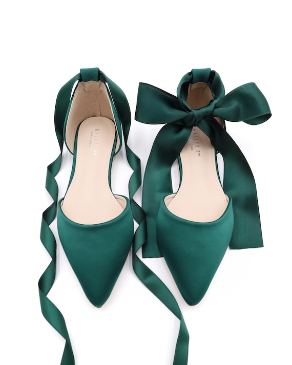 shoes for hunter green dress Satin Pointy Toe Flats With Satin ANKLE TIE or BALLERINA Lace Up, Wedding Shoes, Holiday Shoes, Bridesmaids what colour shoes to wear with green dress for wedding