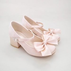 Champagne Girls Satin Mary Jane Block Heel With Front Satin Bow, Flower ...