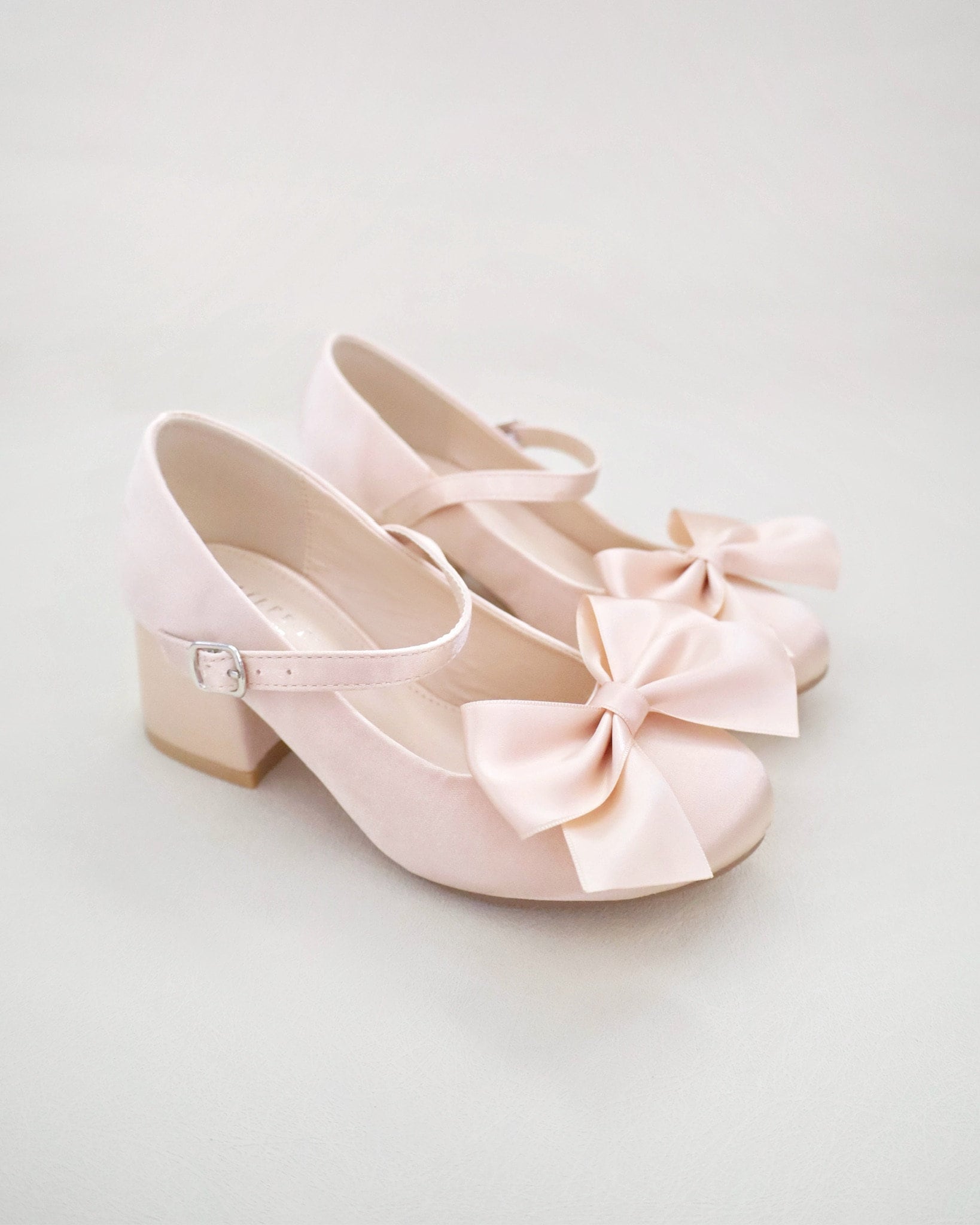 Champagne Girls Satin Mary Jane Block Heel With Front Satin Bow, Flower ...