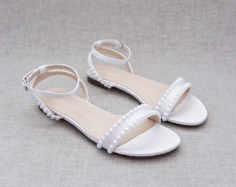 White Satin Flat Sandal with PEARLS and Ankle Strap, Bridesmaid Shoes, Women Sandals, Kids Sandals, Mommy and Me Shoes