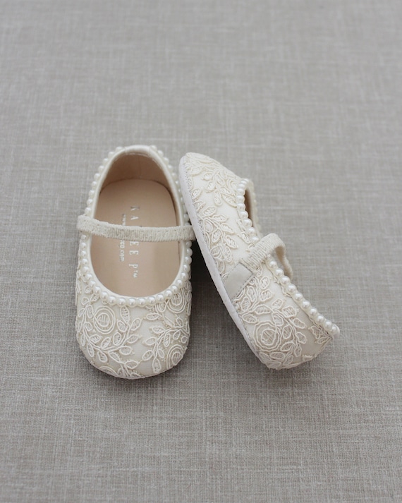 Ivory Crochet Lace Mary Jane Flats With MINI PEARLS for Flower