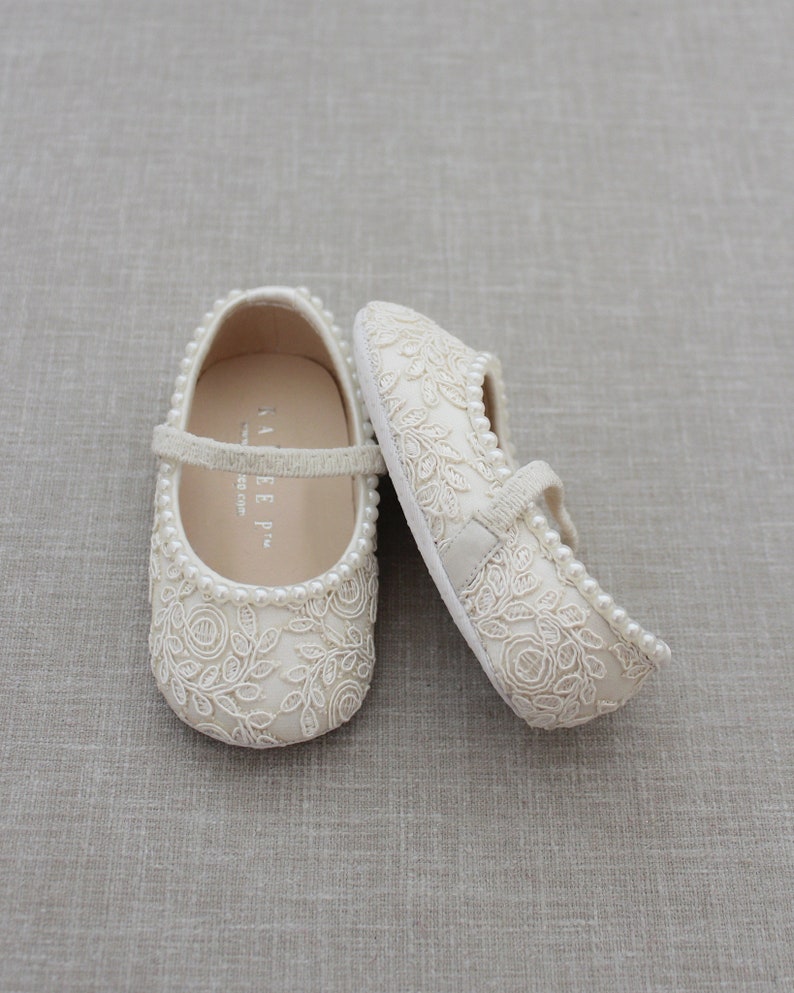 Marfil Crochet Lace Mary Jane Flats con MINI PERLAS, Para niñas de flores, zapatos de bautismo, zapatos de bautizo, zapatos de bebé imagen 10