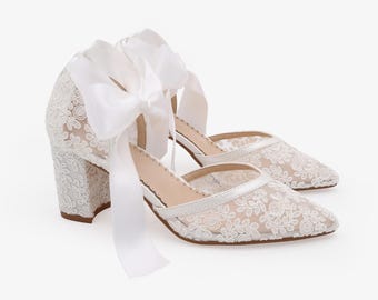 White & Ivory Crochet Lace Almond Toe Block Heel with Ankle Tie - Women Wedding Shoes, Bridesmaids Shoes, Bridal Shoes