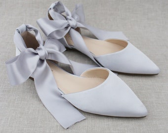 Silver Satin Pointy Toe Flats with ANKLE TIE Or BALLERINA Lace Up, Women Wedding Shoes, Bridal Shoes, Satin Wedding Shoes, Holiday Shoes