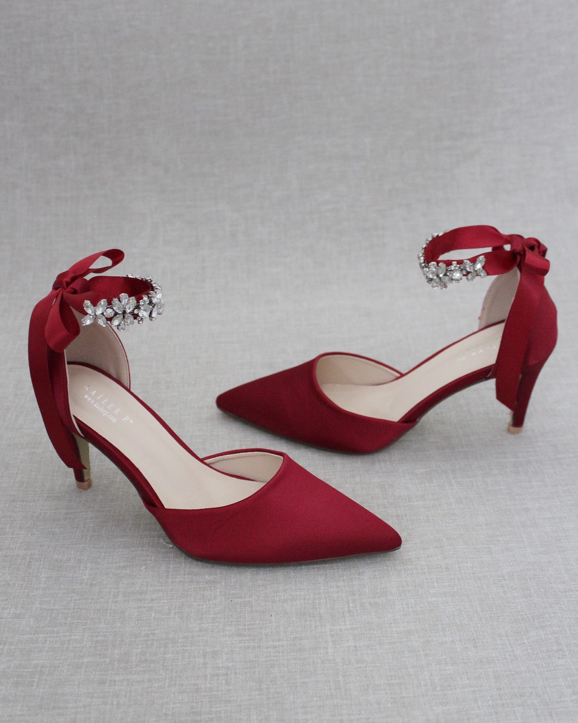 Burgundy Satin Pointy Toe HEELS with FLORAL RHINESTONES Ankle image 1