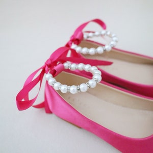 Fuchsia Satin Flats with Pearls Ankle Strap Fall flower girls shoes, Holiday Shoes, Birthday Shoes, Valentine's Shoes image 7