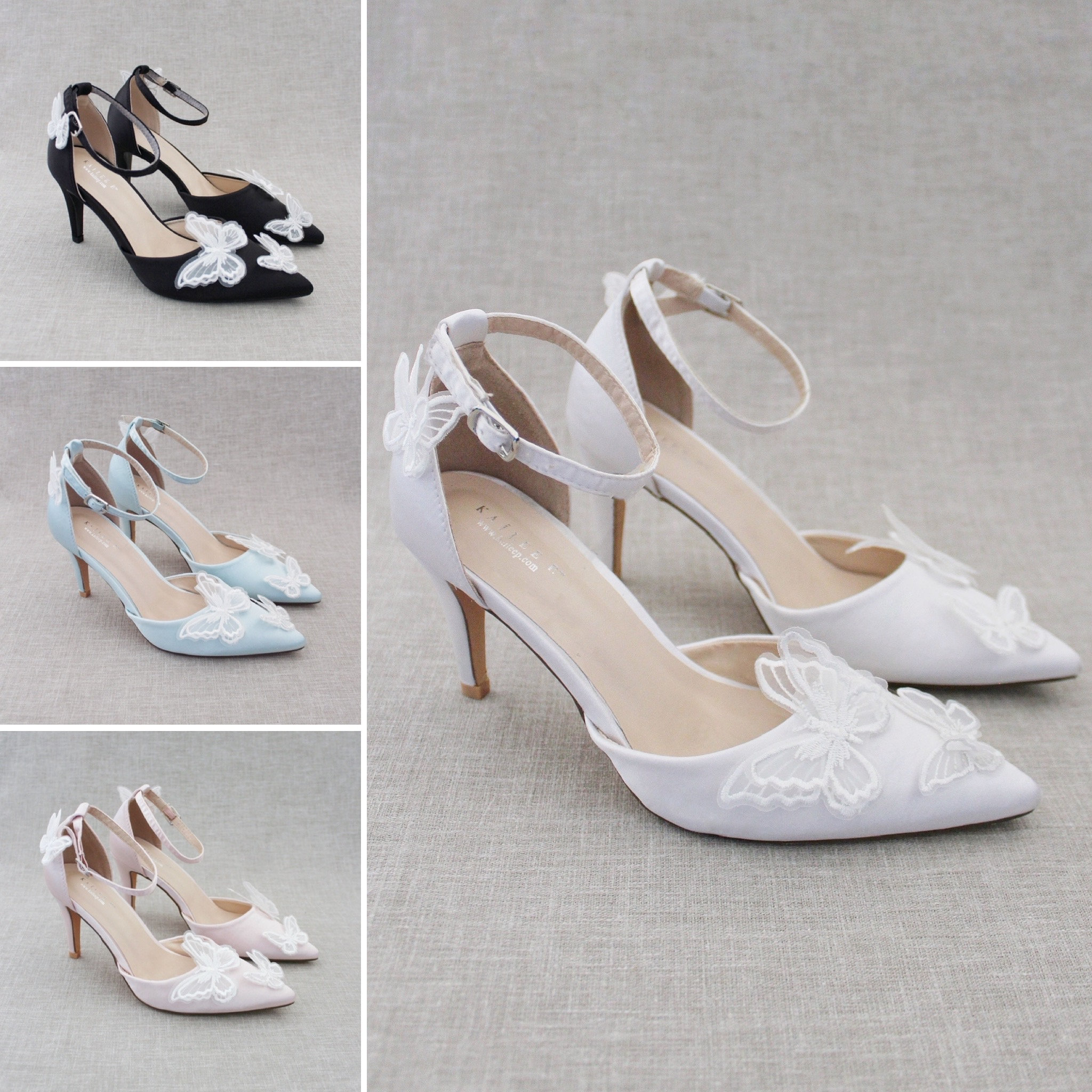 Women Satin Pointy Toe Heels With White Butterfly Appliques - Etsy Denmark