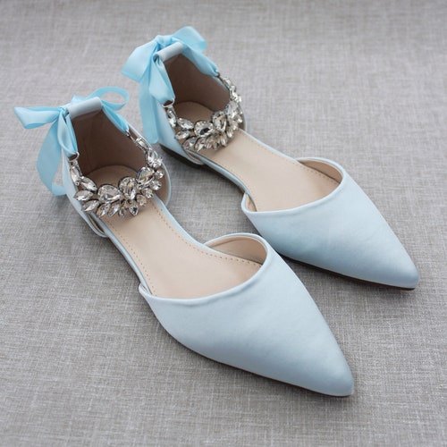 Light Blue Satin Pointy Toe Flats With SMALL PEARLS APPLIQUE - Etsy