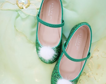 Green Rock Glitter Mary Jane with White Faux Fur Puff for Girls Costume Shoes, Halloween Shoes, Fairy Inspired Shoes
