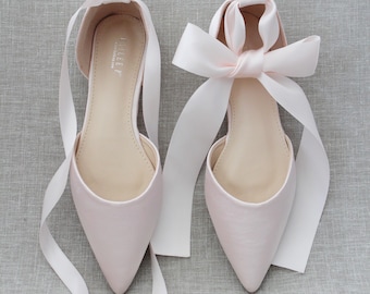 Dusty Pink Satin Pointy Toe flats with ANKLE TIE Or BALLERINA Lace Up, Women Wedding Shoes, Blush Pink Bridesmaid Shoes, Women Shoes