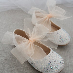 Soft Blush Satin Mary Jane Flat With CHIFFON BOW and Rhinestones, Fall ...