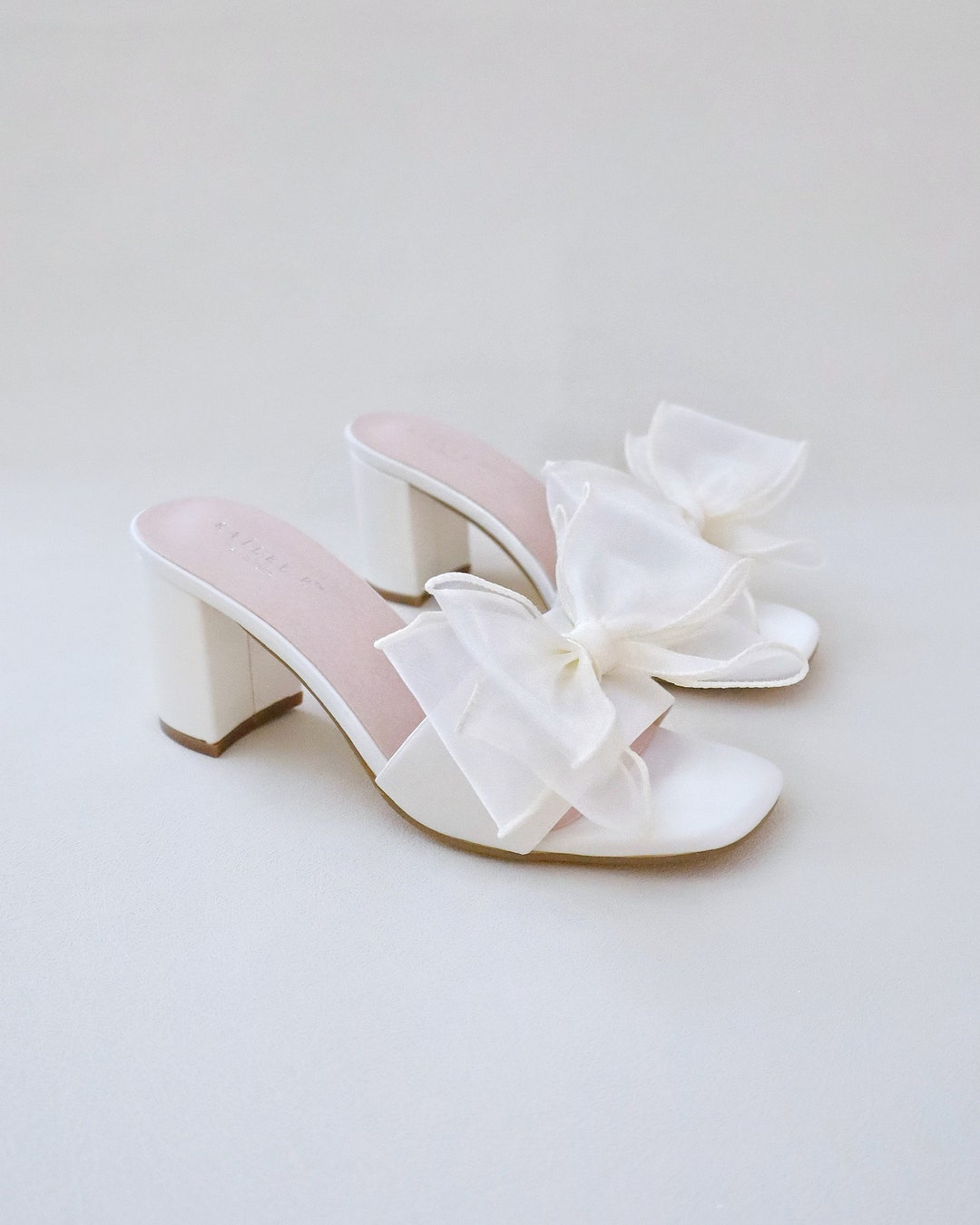 Ivory Satin Block Heels With Bow Slide Wedding Sandals, Bridal Sandals ...