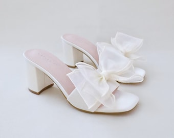 Ivory Satin Block Heels Slide Wedding Sandals with Layered Organza Bow, Bridal Sandals, Bridesmaids Sandals, Wedding Heels