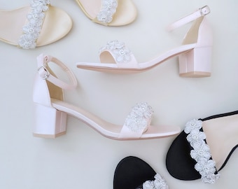 Women Satin Evening Block Heel Sandal with Rhinestones Chassia Flower - Bridesmaid Shoes, Bridal Sandals, Fall Wedding Shoes, Evening Heels