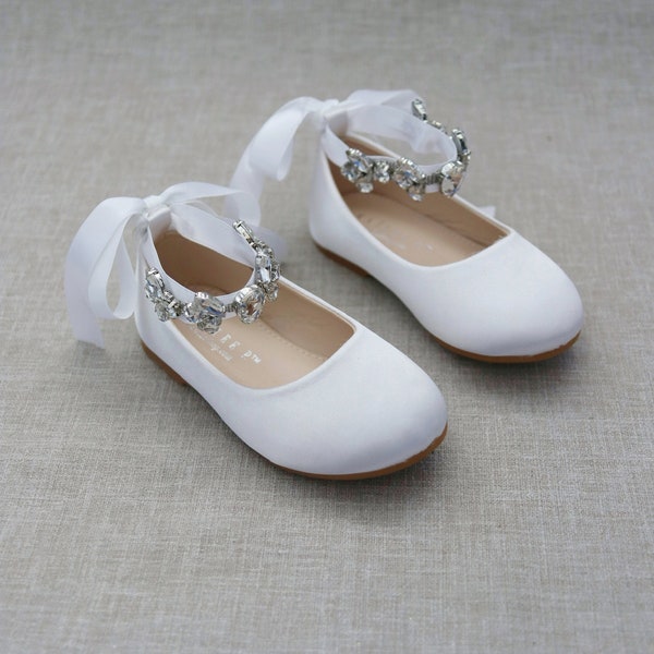 White Satin Flats with NAVETTE CLUSTER RHINESTONES on Satin Ankle Strap, Flower Girls Shoes, Bridal Flats, Baptism Shoes