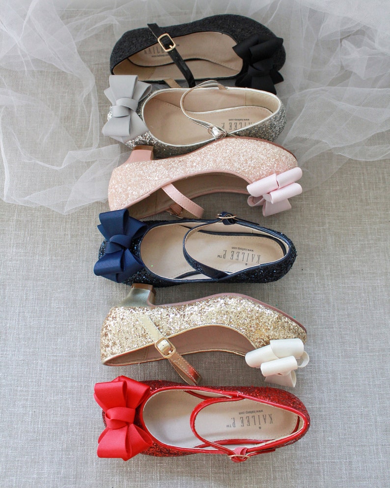 Navy Blue Birthday Shoes Flower Girl shoes NAVY Rock Glitter Mary Jane Heel with GrosgrainBow Girls Party Shoes