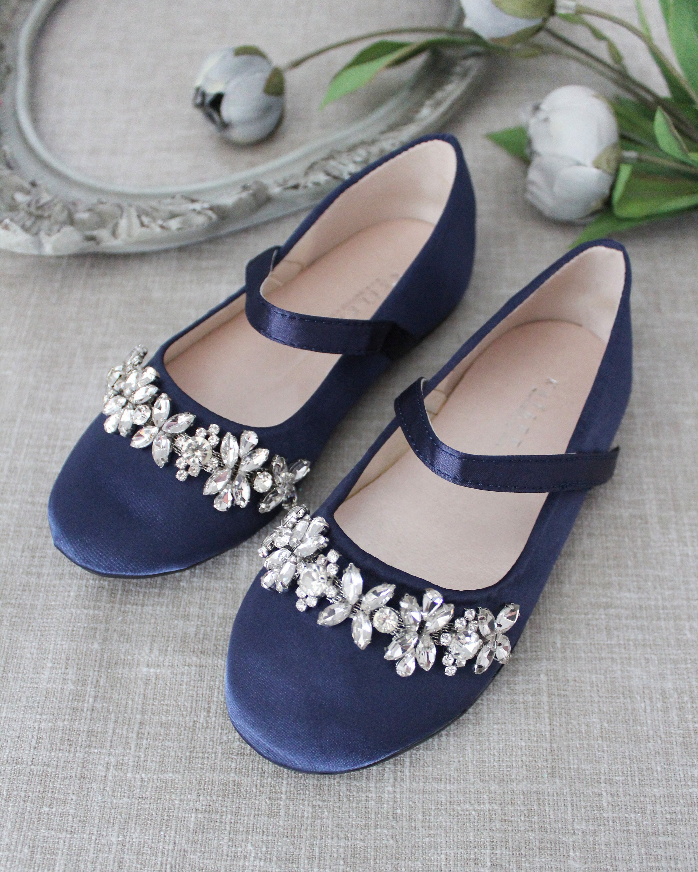 navy blue flats with rhinestones