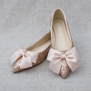 Rose Gold Rock Glitter Pointy Toe Flats with Oversized BLUSH SATIN BOW, Wedding Flats, Bridesmaid Shoes, Glitter Shoes, Holiday Shoes image 6