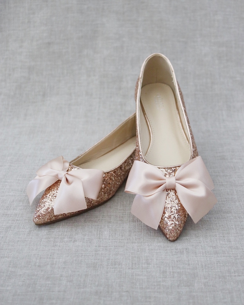 Rose Gold Rock Glitter Pointy Toe Flats with Oversized BLUSH SATIN BOW, Wedding Flats, Bridesmaid Shoes, Glitter Shoes, Holiday Shoes image 6