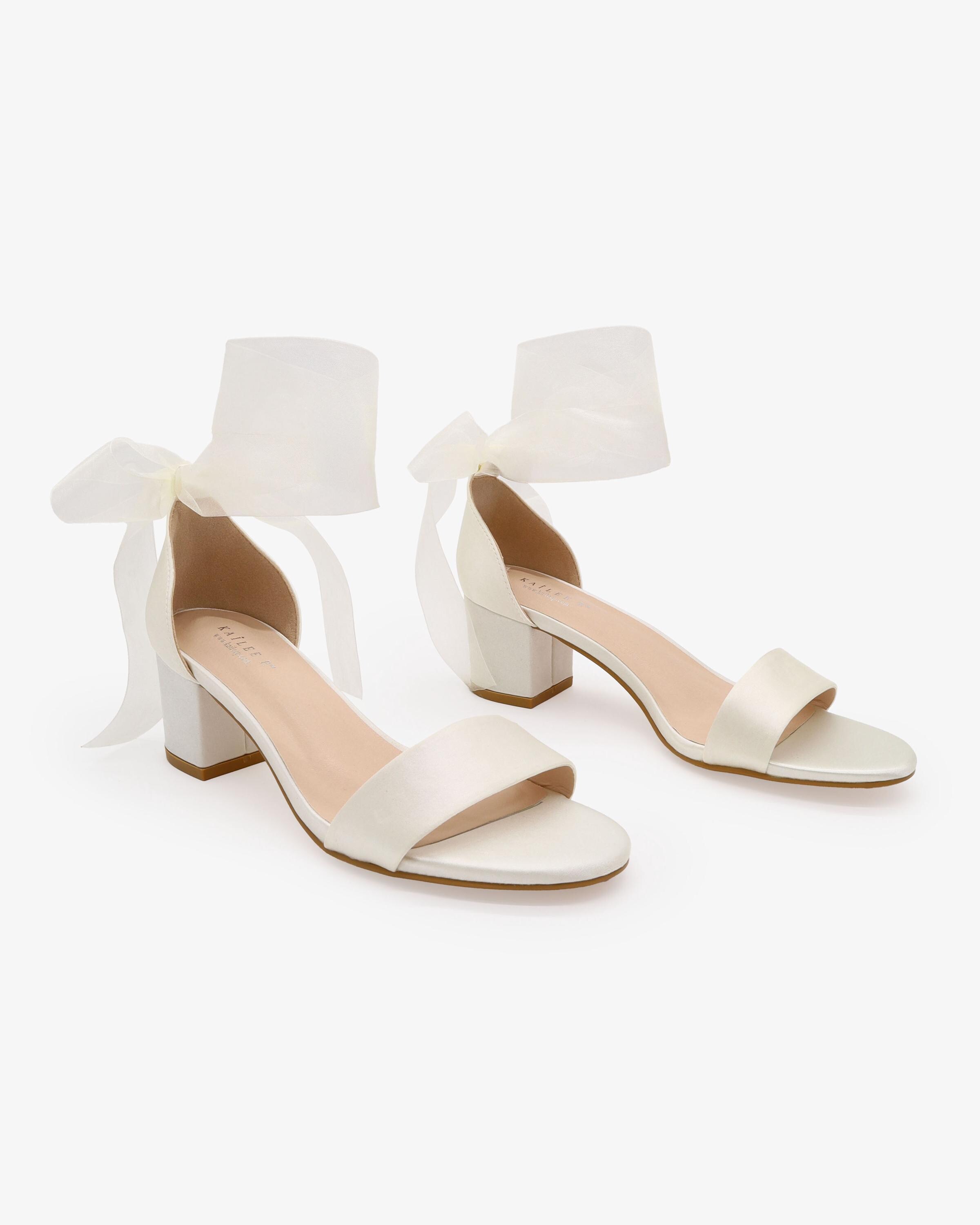 Ivory Satin Block Heel Sandal With WRAPPED SATIN TIE  display picture 1