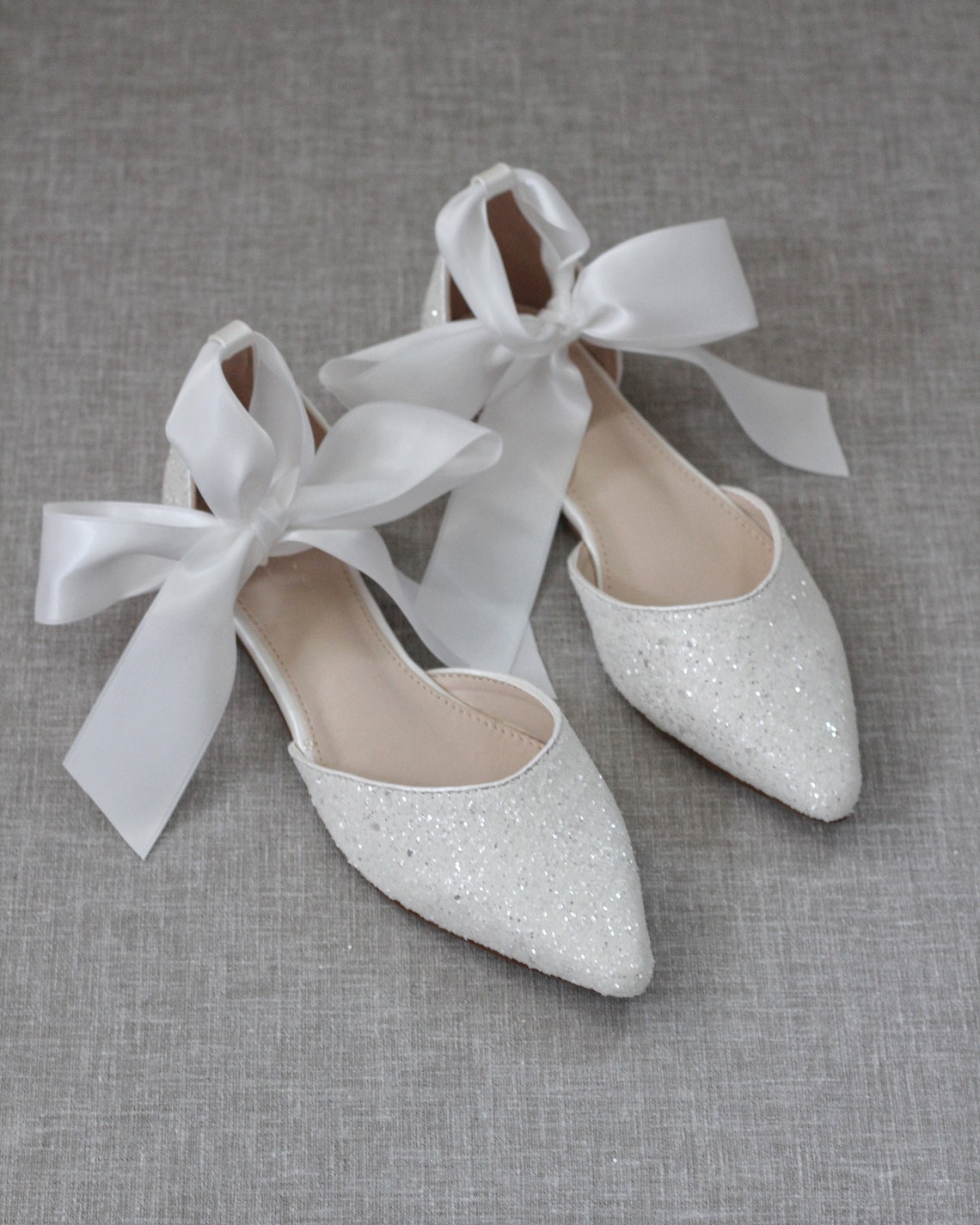 White Rock Glitter Pointy Toe Flats With Satin ANKLE TIE or - Etsy