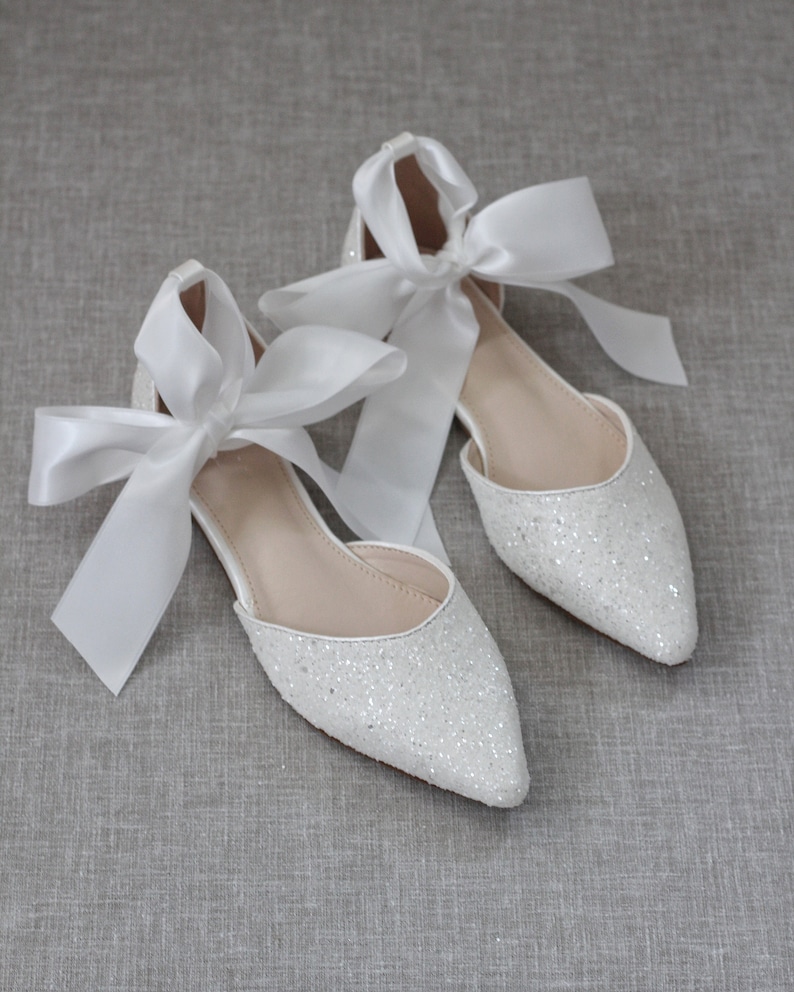 Wedding Shoes Bridal Shoes Bride Shoes White Rock Glitter Pointy Toe Flats with satin ANKLE TIE or BALLERINA Lace Up Bridesmaids Shoes