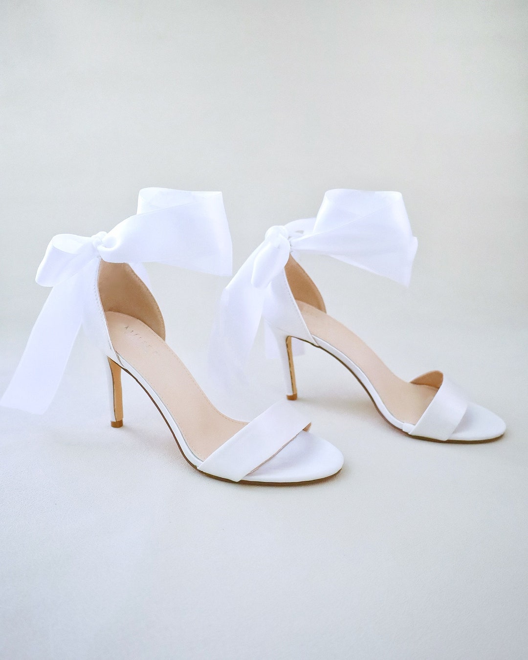 White Satin High Heel Wedding Sandals With Wrapped Ankle Tie, Bridesmaids Shoes, Satin Heels