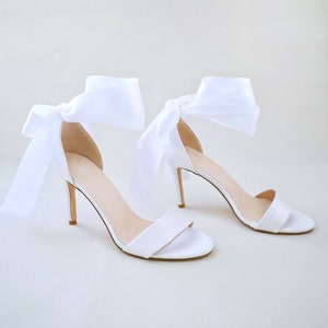 White Satin High Heel Wedding Sandals with Wrapped Ankle Tie, Bridesmaids Shoes, Satin Heels Sandals, Something Blue
