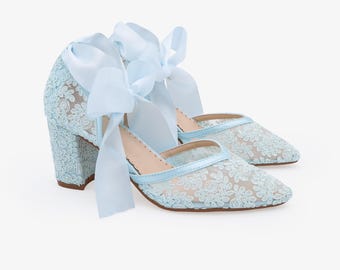 Light Blue Crochet Lace Almond Toe Block Heels with Ankle Tie - Women Wedding Shoes, Something Blue, Bridal Shoes