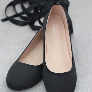 Women Shoes Black Satin Flats with Satin Ankle Tie or Ballerina Lace Up Bridesmaids Shoes, Fall Wedding Flats, Holiday Shoes SATIN LACE UP