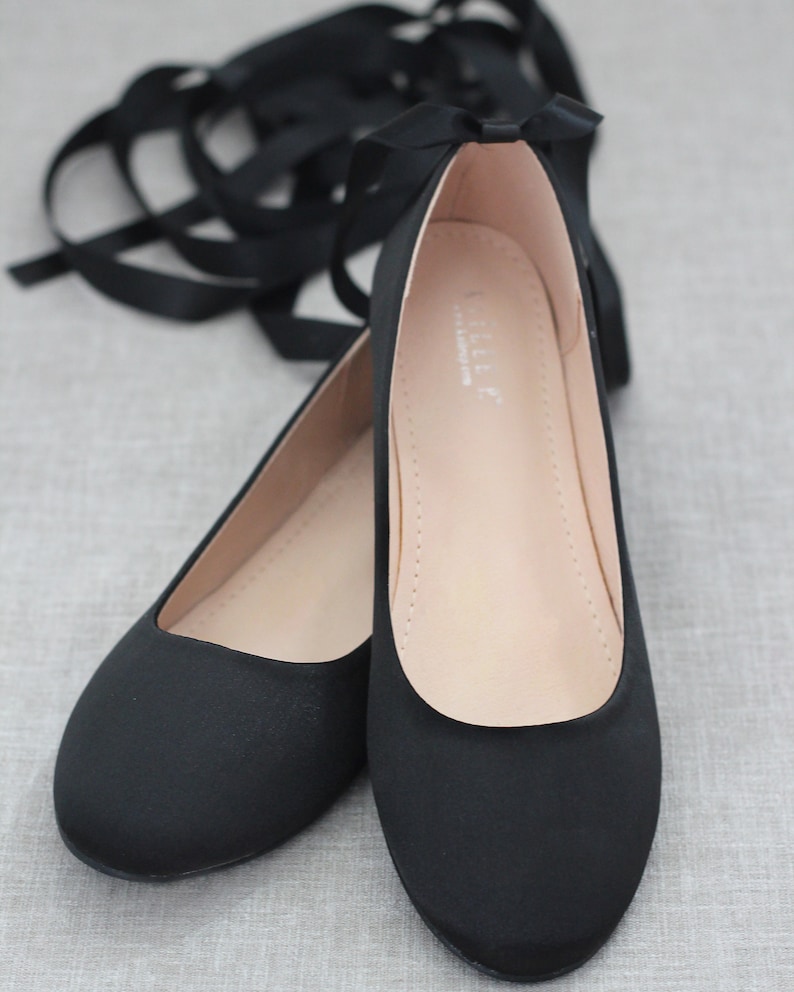 Women Shoes Black Satin Flats with Satin Ankle Tie or Ballerina Lace Up Bridesmaids Shoes, Fall Wedding Flats, Holiday Shoes SATIN LACE UP