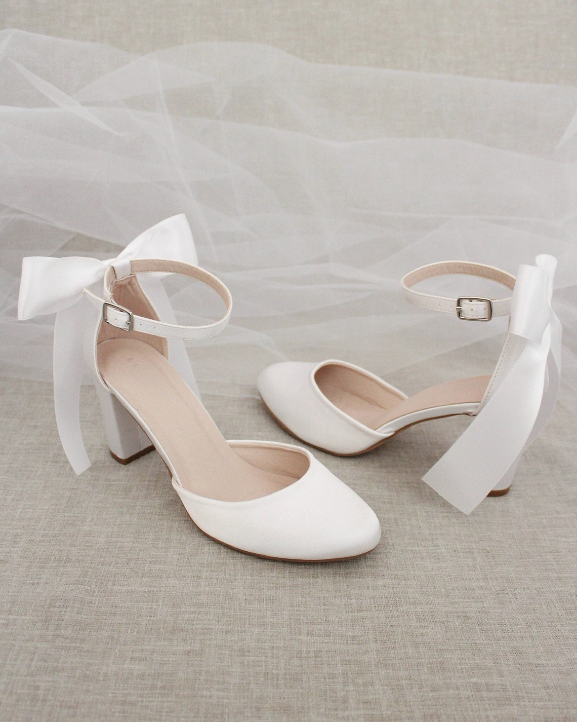 white satin heels with bow