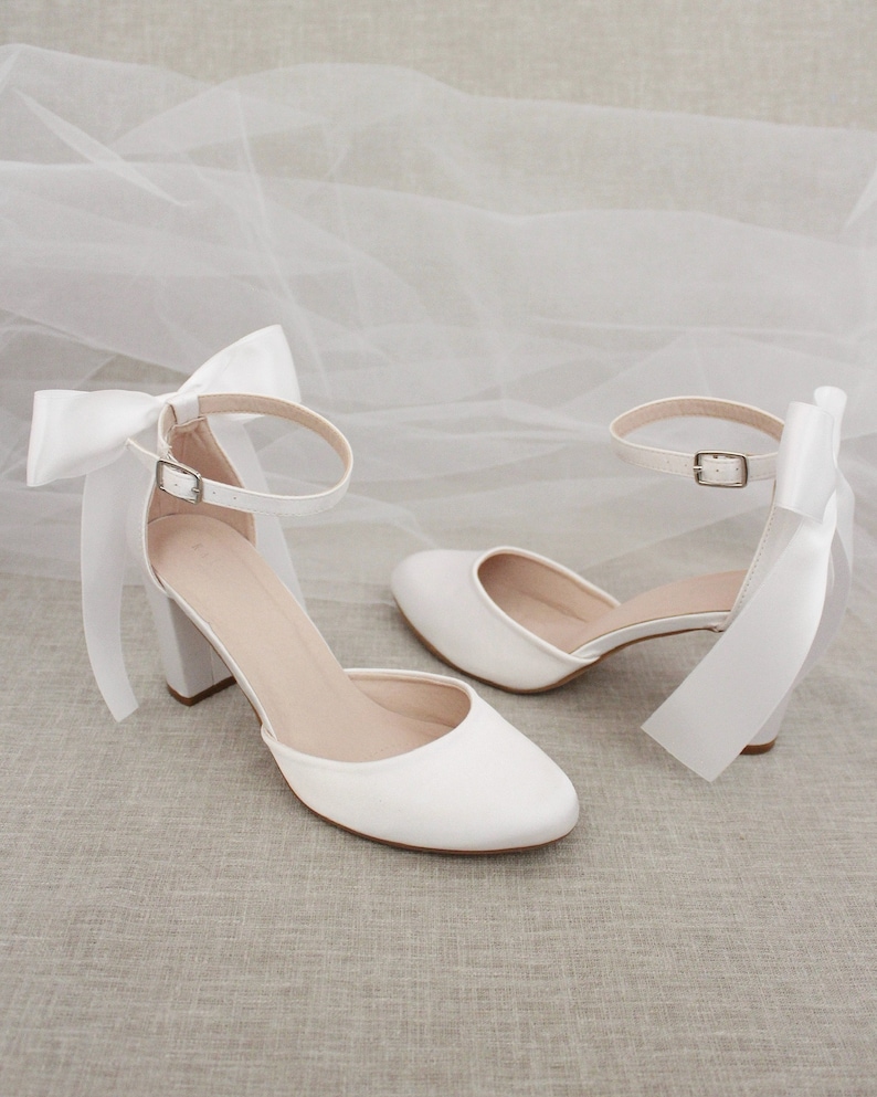 White Satin Block Heel With SATIN BACK BOW Women Wedding | Etsy