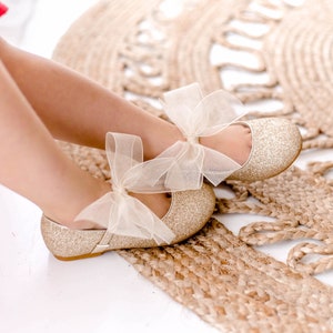 Soft Gold Glitter Maryjane Flats with CHIFFON Bow for Flower Girls Shoes, Girls Shoes, Holiday Shoes, Party Shoes