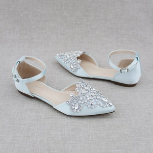 Light Blue Satin Pointy Toe Flats with Sparkly RHINESTONES APPLIQUE , Women Wedding Shoes, Bridal Shoes, Something Blue, Bridesmaids Shoes image 4