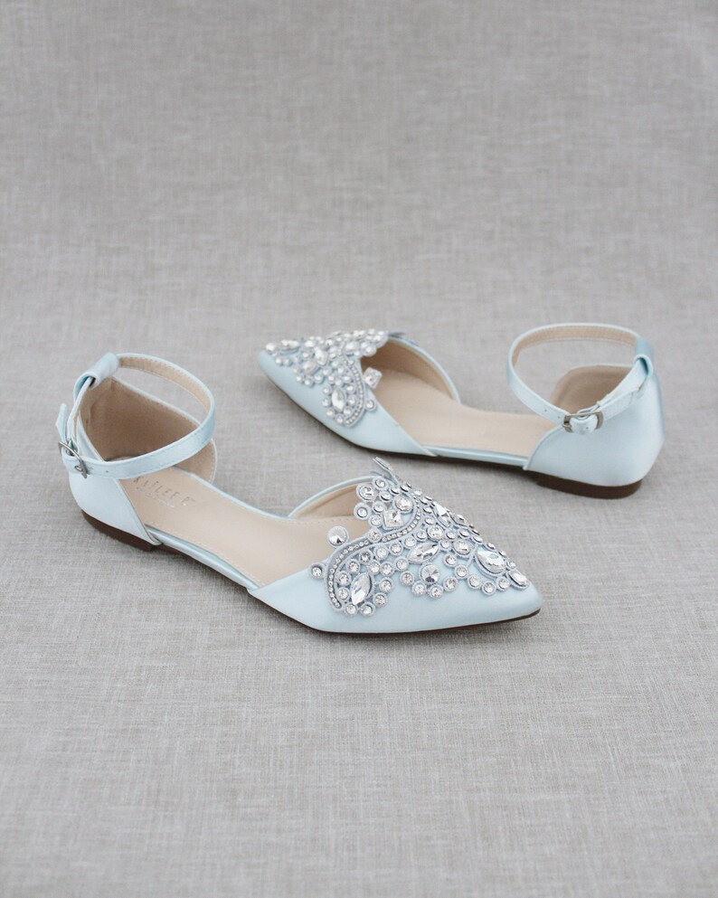 Light Blue Satin Pointy Toe Flats with Sparkly RHINESTONES APPLIQUE , Women Wedding Shoes, Bridal Shoes, Something Blue, Bridesmaids Shoes image 4