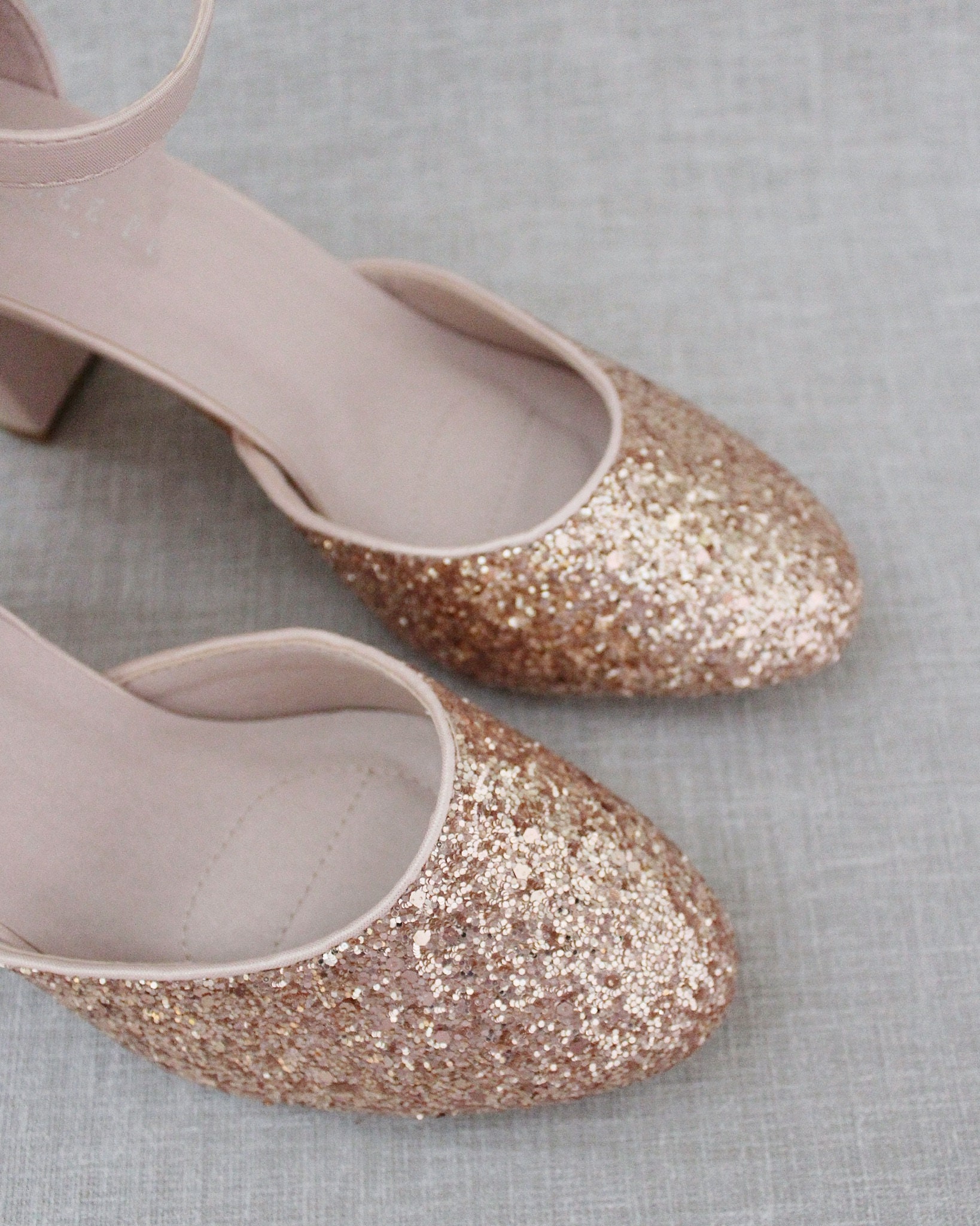 Rose Gold Rock Glitter Block Heel With BLUSH SATIN Back Bow, Fall