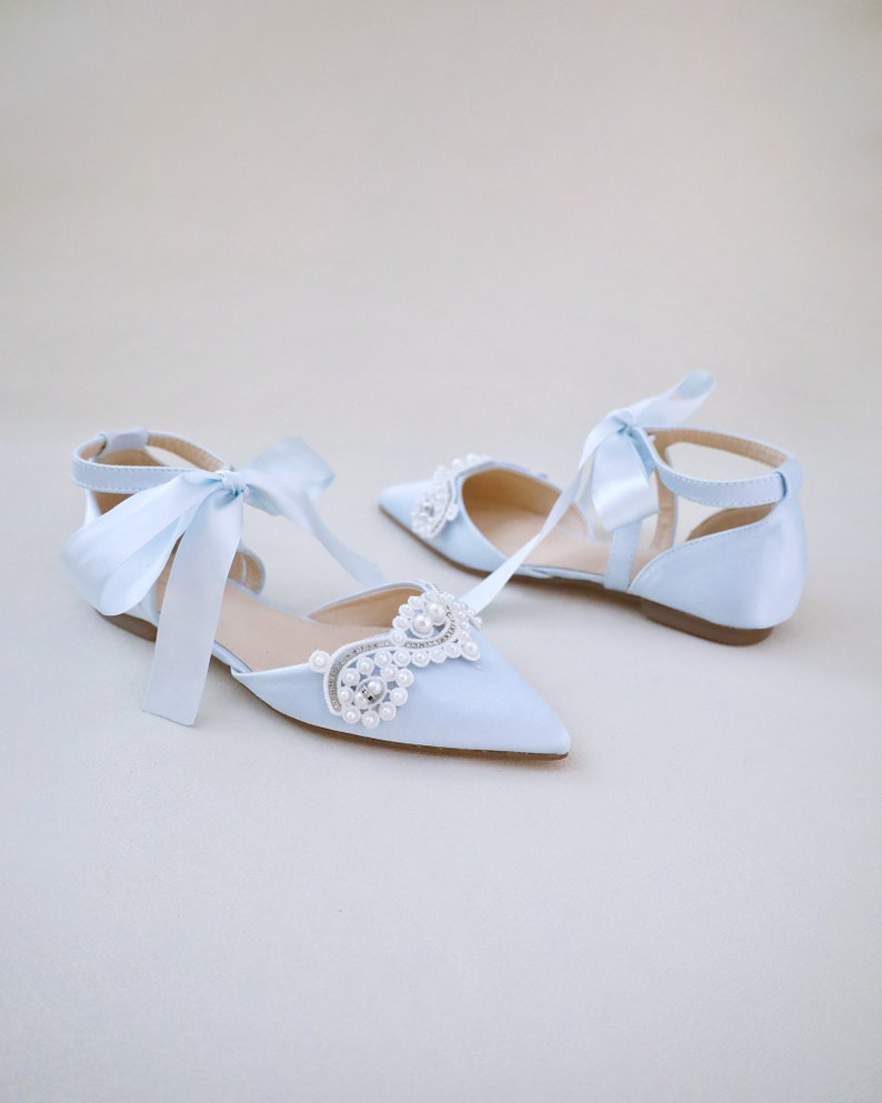 Light Blue Satin Pointy Toe Flats with SMALL PEARLS APPLIQUE and Satin Tie , Women Wedding Shoes, Something Blue, Wedding Flats, Satin Flats image 3