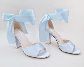 Light Blue Satin Block Heel Wedding Sandals with Wrapped Ribbon Tie - Women Wedding Shoes, Bridal Shoes, Wedding Heels, Something Blue