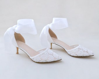 White Crochet Lace Pointy Toe Wedding Low Heels with Wrapped Ankle Tie, Bridal Shoes, Bridal Low Heels, Kitten Heels