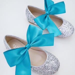May include: A pair of silver glitter ballet flats with turquoise satin bows. The bows are tied in a large knot at the top of the shoes.