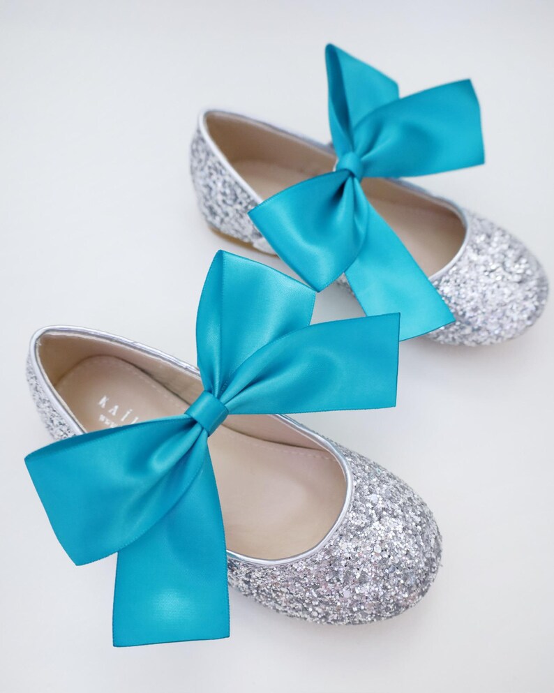 May include: A pair of silver glitter ballet flats with turquoise satin bows. The bows are tied in a large knot at the top of the shoes.