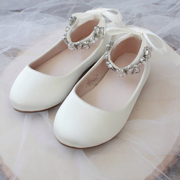 Women & Kids Shoes | Ivory Satin Flats with NAVETTE RHINESTONES Satin Ankle Strap, Flower Girls shoes, Women Wedding Shoes